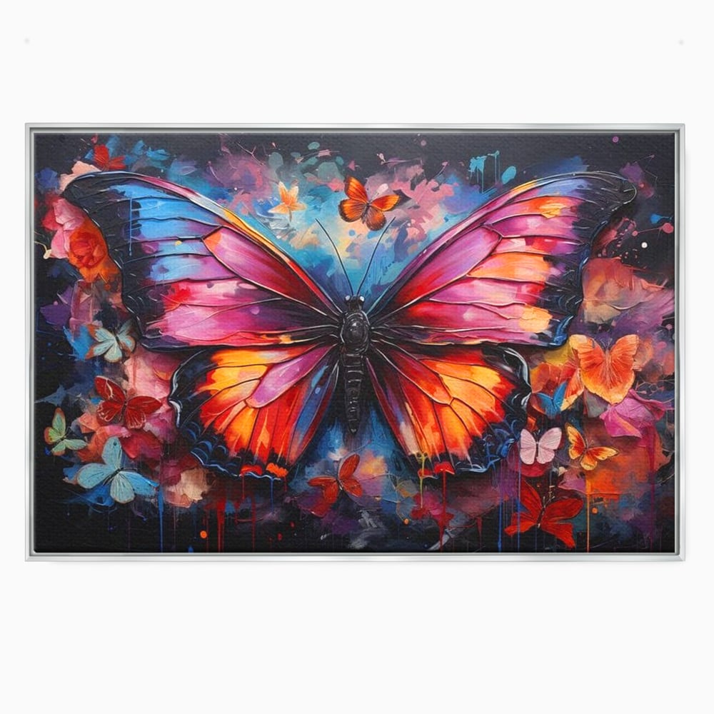 Tablou canvas cu tablou canvas cu fluture central multicolor, in rama de aluminiu argintiu